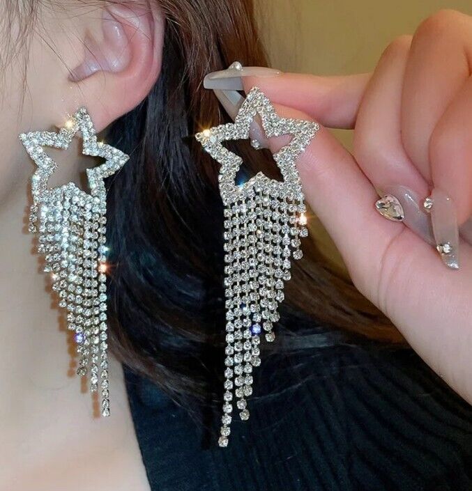 Fashion Cubic Zirconia Star Tassel Stud Earrings - bellissi