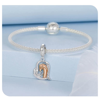 Sterling silver and rose gold girl and horse heart dangle charm with “Love You Forever” engraving 925 equestrian bead