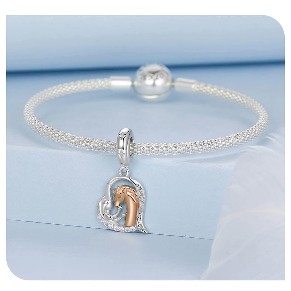Sterling silver and rose gold girl and horse heart dangle charm with “Love You Forever” engraving 925 equestrian bead