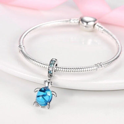 Glitter Blue Murano Glass Sea Ocean Turtle Charm - bellissi