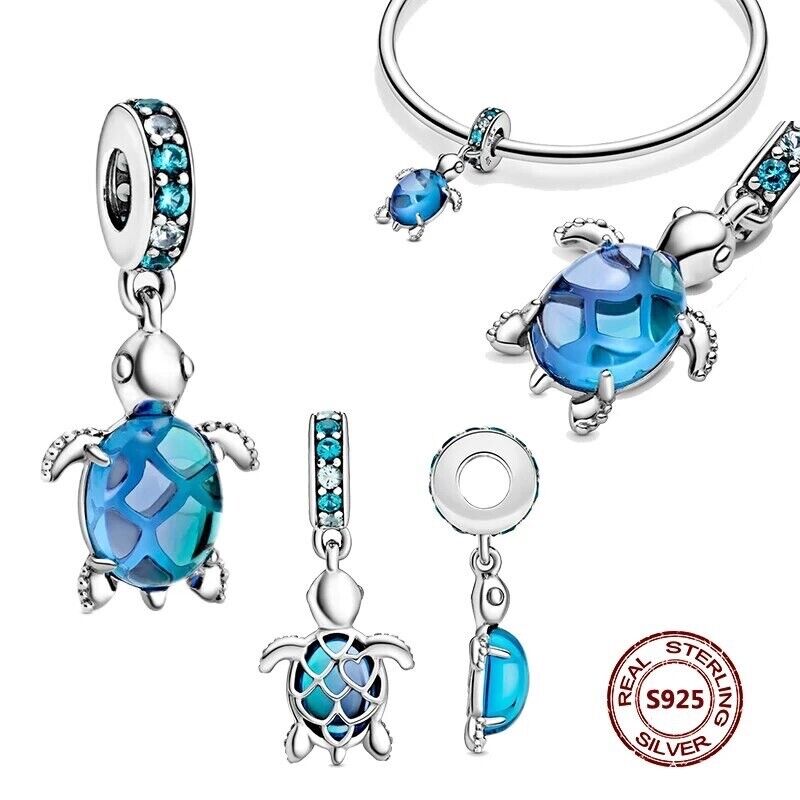 Glitter Blue Murano Glass Sea Ocean Turtle Charm - bellissi