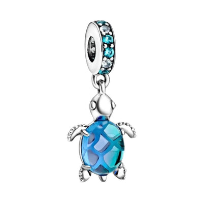 Glitter Blue Murano Glass Sea Ocean Turtle Charm - bellissi