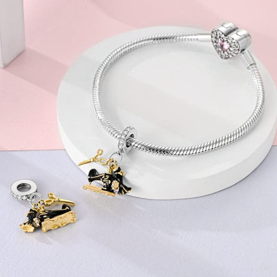 Gold Sewing Machine Dress & Scissors Dangle Charm - bellissi
