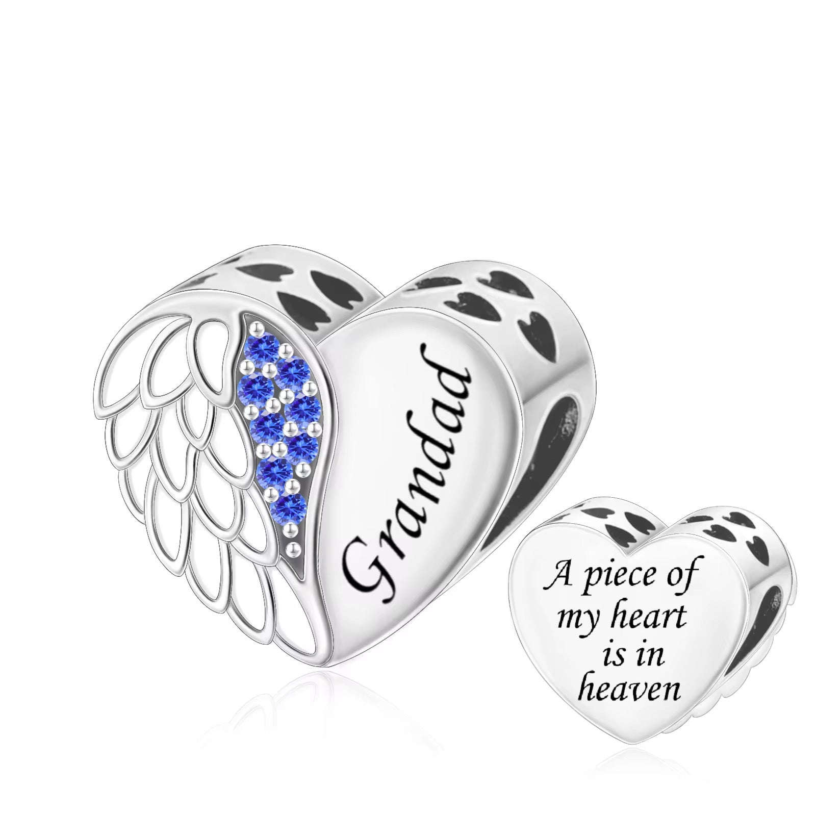Grandad Memorial Angel Wing Heart Charm - bellissi