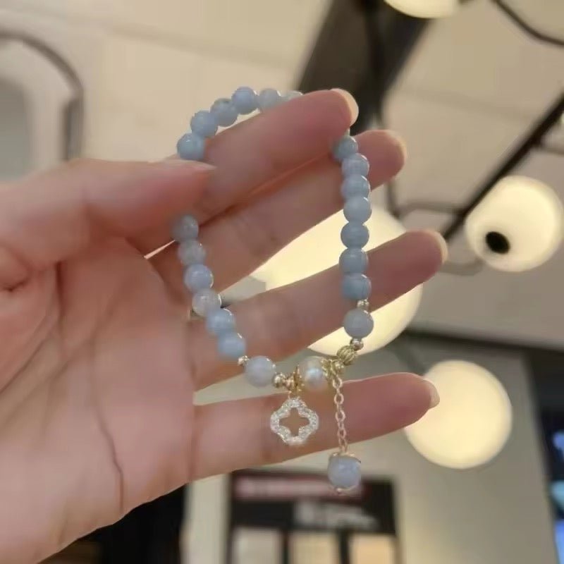 Grey Crystal Bead Bracelet with Leaf Clover Pendant - bellissi