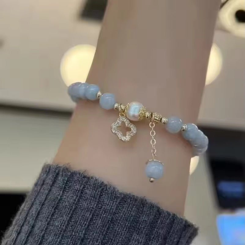 Grey Crystal Bead Bracelet with Leaf Clover Pendant - bellissi