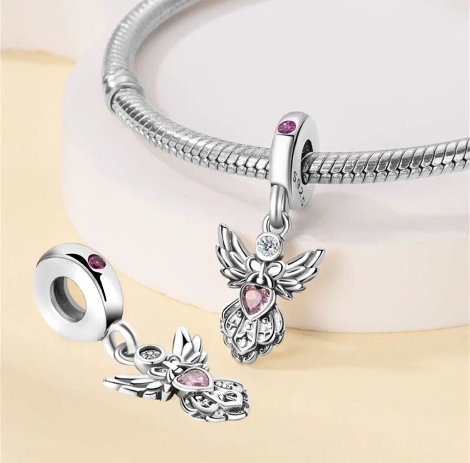 Guardian Angel With Pink Heart Dangle Charm - bellissi