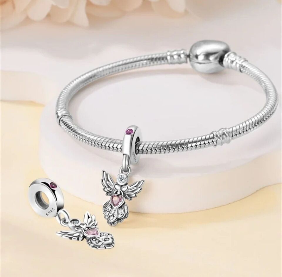 Guardian Angel With Pink Heart Dangle Charm - bellissi