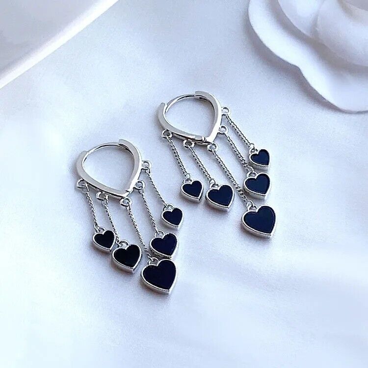 Hoop Earrings Black Dangle Hearts - bellissi