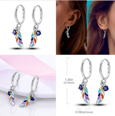 Hoop Earrings Multicoloured Dangle Feather With Blue Zirconia - bellissi