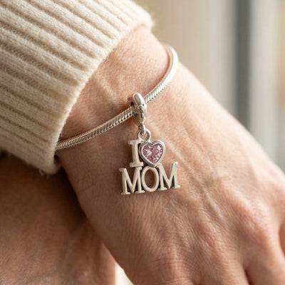 I Love Mom Dangle Charm with Pink Crystal - bellissi