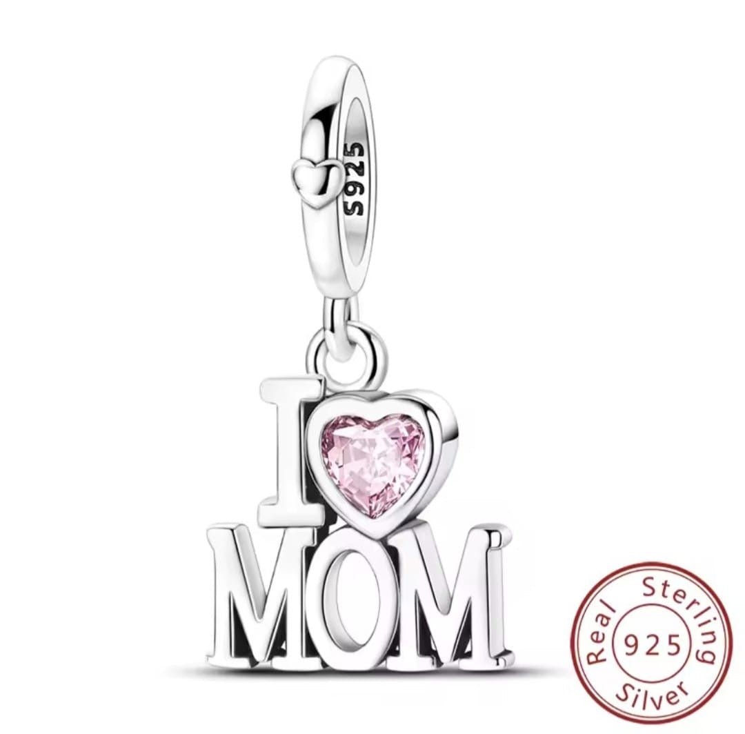 I Love Mom Dangle Charm with Pink Crystal - bellissi