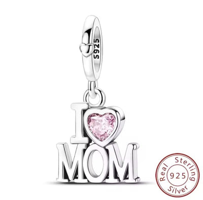 I Love Mom Dangle Charm with Pink Crystal - bellissi