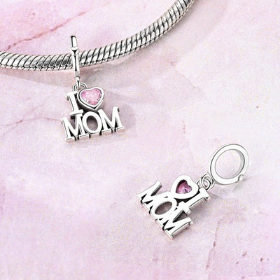 I Love Mom Dangle Charm with Pink Crystal - bellissi