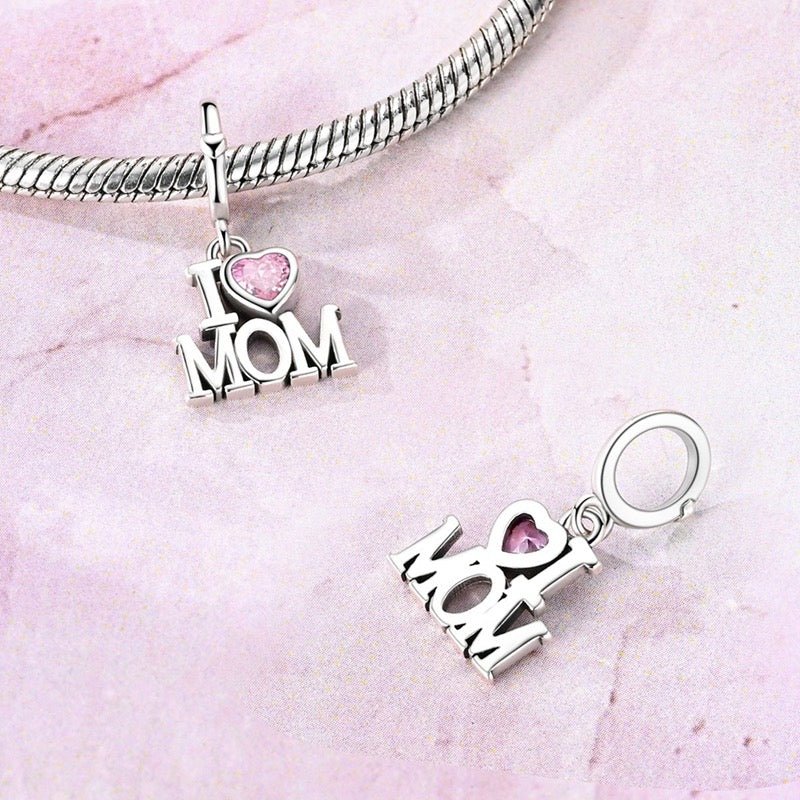 I Love Mom Dangle Charm with Pink Crystal - bellissi