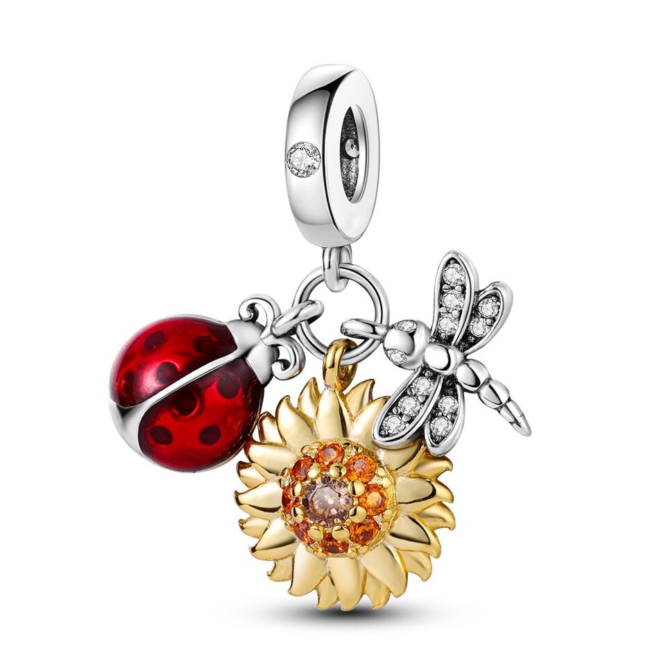 Ladybird Daisy Flower & Dragonfly Dangle Charm - bellissi