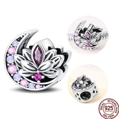 Lotus Flower With Pink Zirconia Moon Charm - bellissi