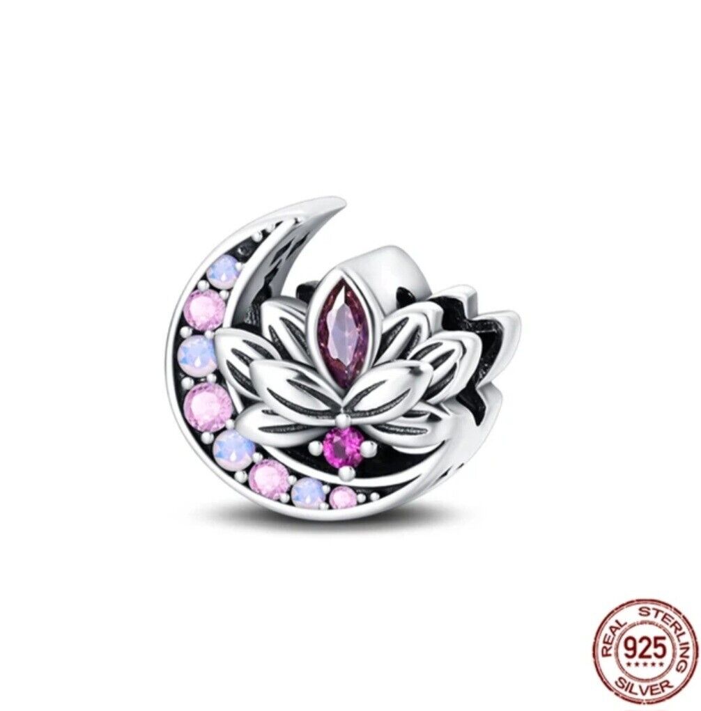 Lotus Flower With Pink Zirconia Moon Charm - bellissi