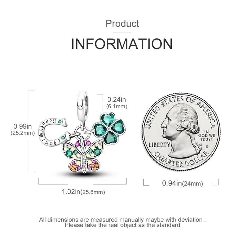 Lucky Horse Shoe & Lucky Clover Zircon Butterfly Dangle Charm - bellissi