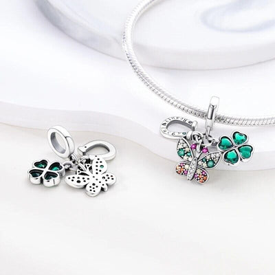 Lucky Horse Shoe & Lucky Clover Zircon Butterfly Dangle Charm - bellissi
