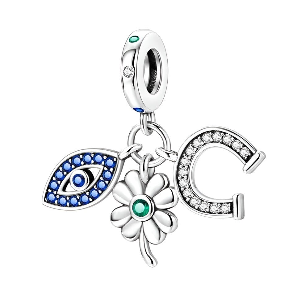 Lucky Horseshoe Clover & Blue Evil Eye Zircon Dangle Charm - bellissi