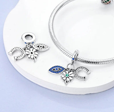 Lucky Horseshoe Clover & Blue Evil Eye Zircon Dangle Charm - bellissi