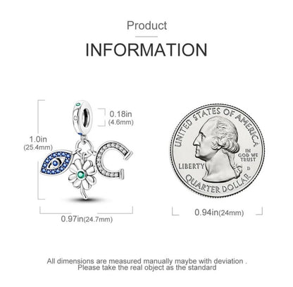 Lucky Horseshoe Clover & Blue Evil Eye Zircon Dangle Charm - bellissi