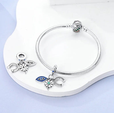 Lucky Horseshoe Clover & Blue Evil Eye Zircon Dangle Charm - bellissi
