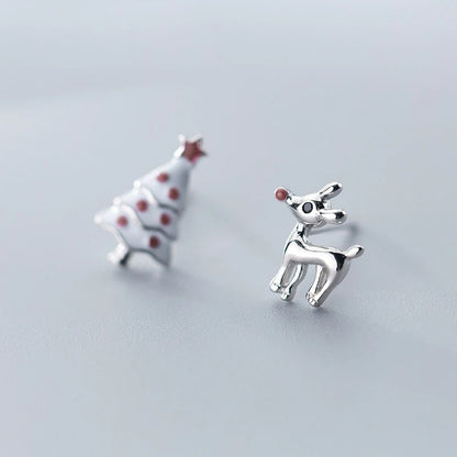 Deer & Christmas Tree  Stud Earrings925 Sterling Silver