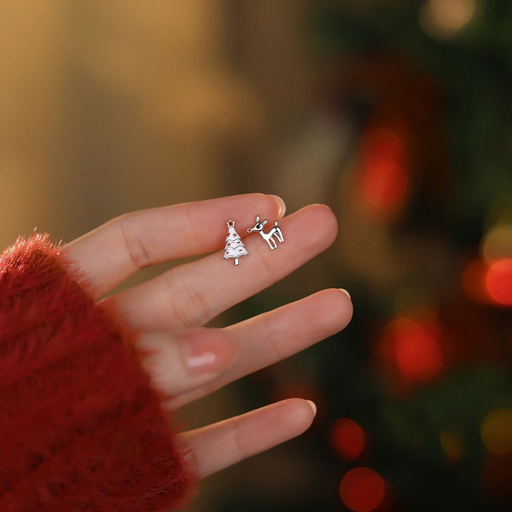 Deer & Christmas Tree  Stud Earrings925 Sterling Silver