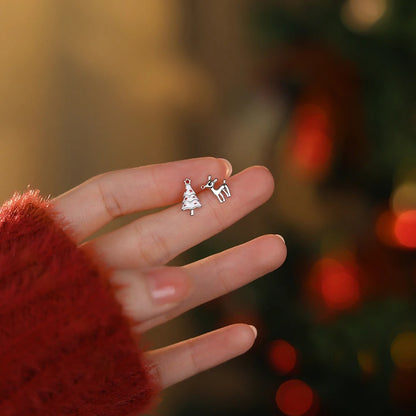 Deer & Christmas Tree  Stud Earrings925 Sterling Silver