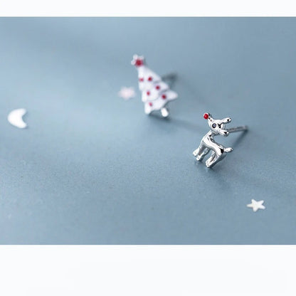 Deer & Christmas Tree  Stud Earrings925 Sterling Silver