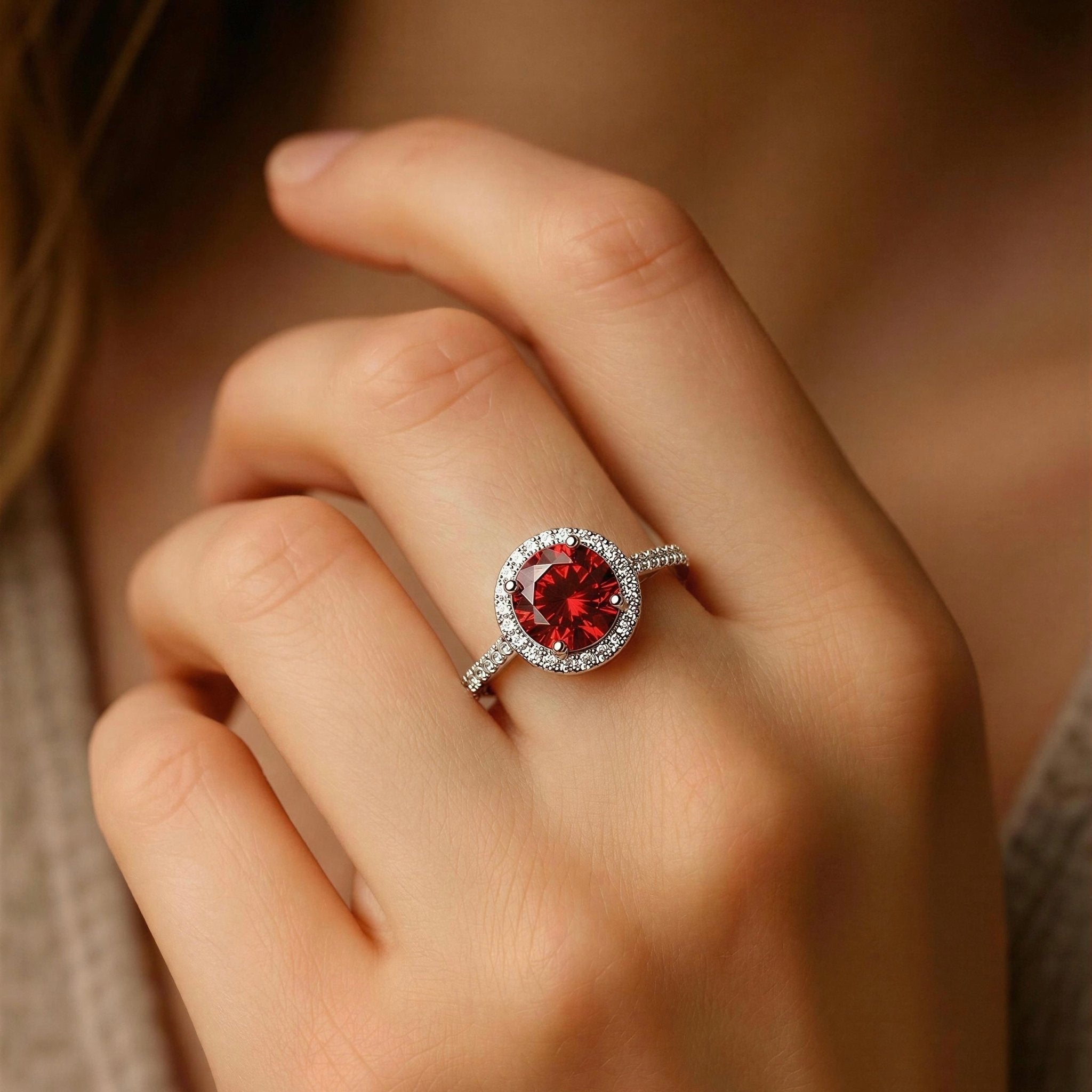 Moissanite Red Halo Ring Luxury Sparkling Statement Piece - bellissi