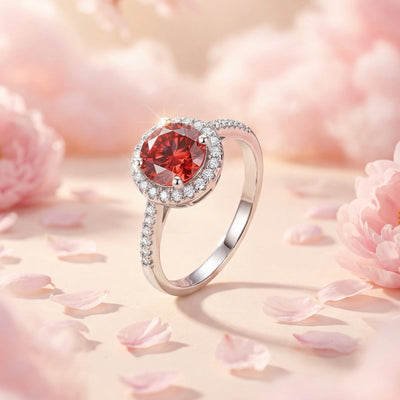 Moissanite Red Halo Ring Luxury Sparkling Statement Piece - bellissi