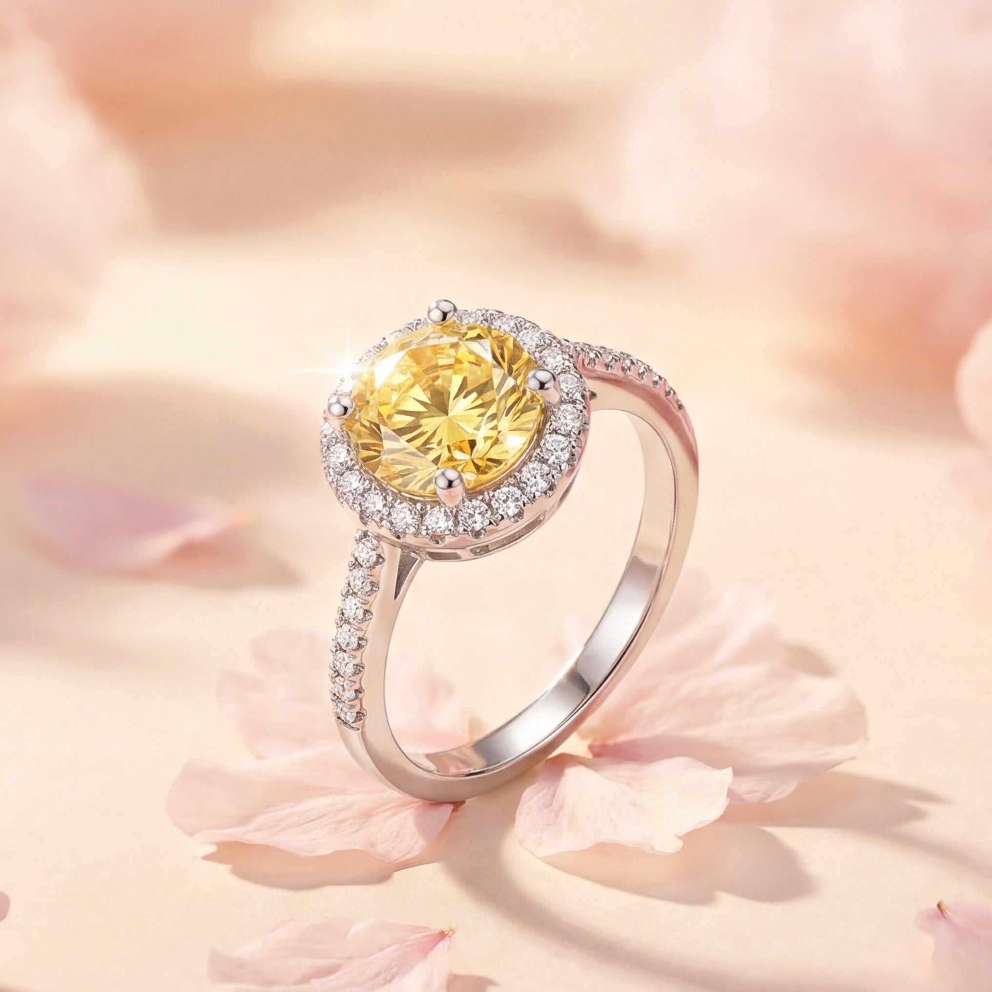 Moissanite Yellow Halo Ring Luxury Sparkling Statement Piece - bellissi