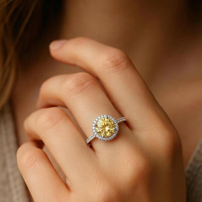 Moissanite Yellow Halo Ring Luxury Sparkling Statement Piece - bellissi