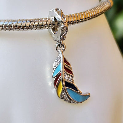Multicoloured feather dangle charm with vibrant enamel detail