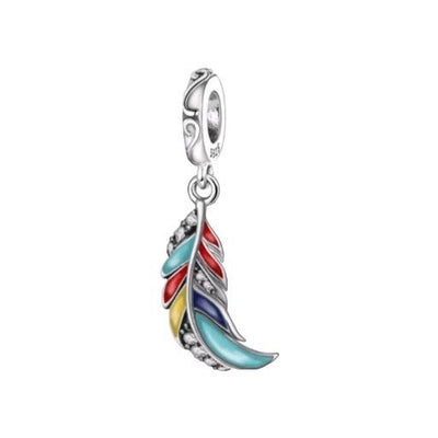 Multicoloured feather dangle charm with vibrant enamel detail