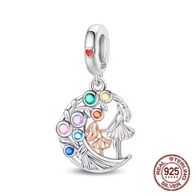 Mum and Daughter Rainbow Moon Charm 925 Sterling Silver - bellissi