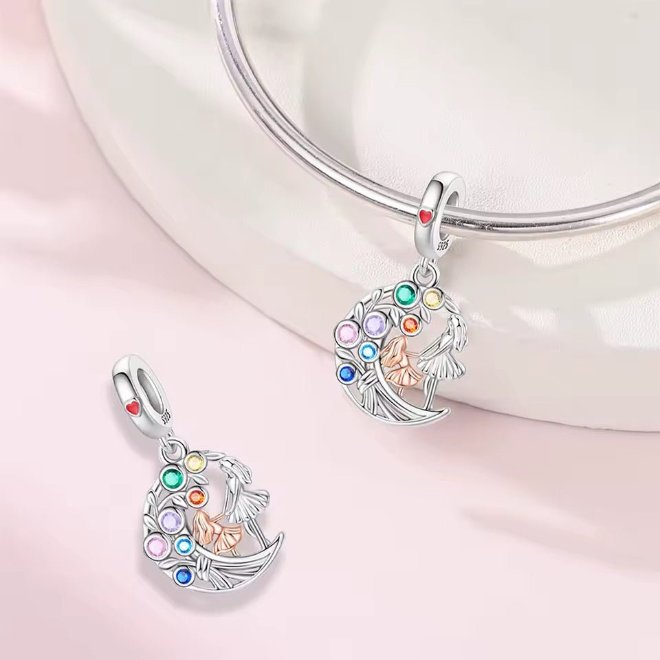 Mum and Daughter Rainbow Moon Charm 925 Sterling Silver - bellissi
