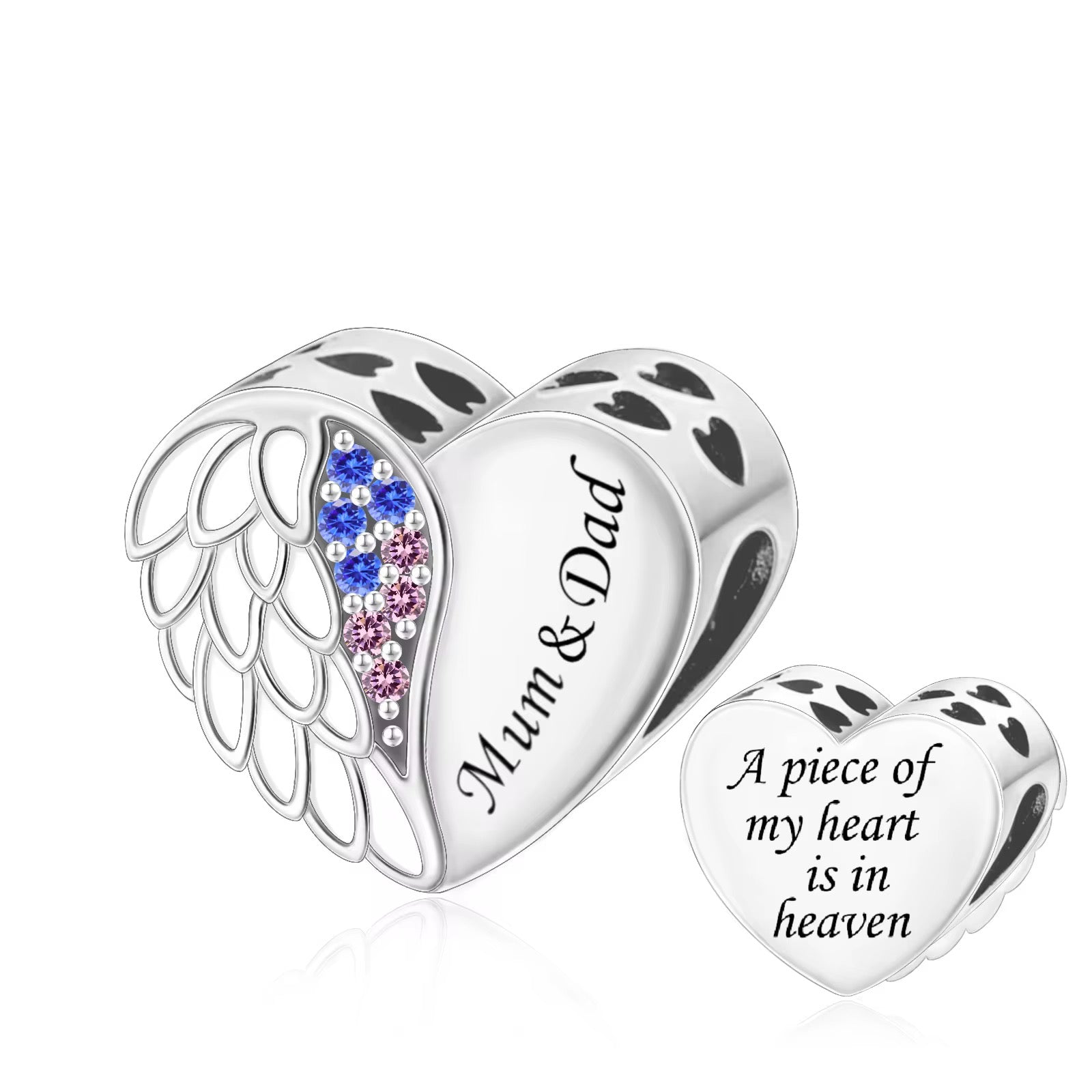 Mum & Dad Memorial Heart Charm with Angel Wings - bellissi