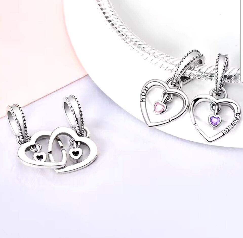 Mum & Daughter Hearts Dangle Charm - bellissi