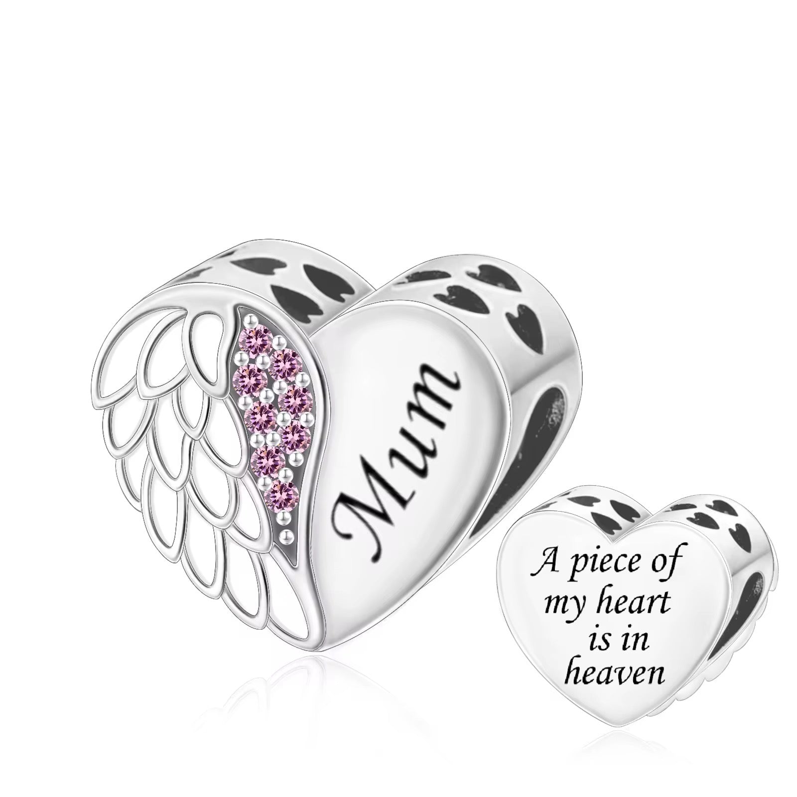 Mum Memorial Heart Charm with Angel Wings - bellissi