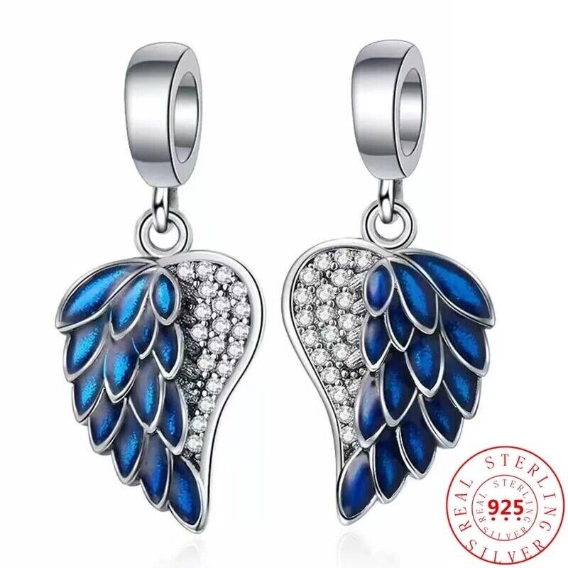air angel wings charms with blue and clear zirconia 925 sterling silver bracelet jewelry set