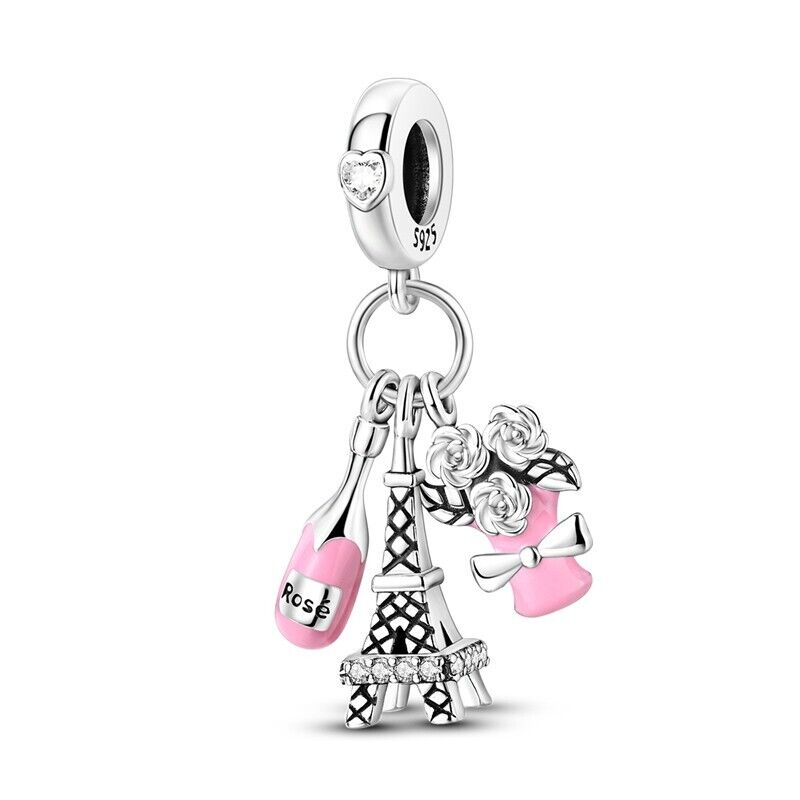Paris Eiffel Tower Wine & Flowers Dangle Charm - bellissi