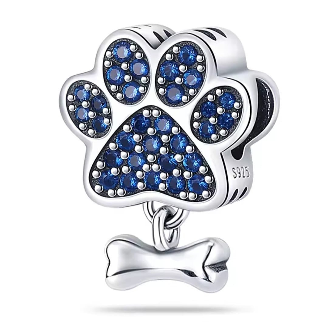 Paw Print Charm with Blue Cubic Zirconia and Bone Dangle - bellissi