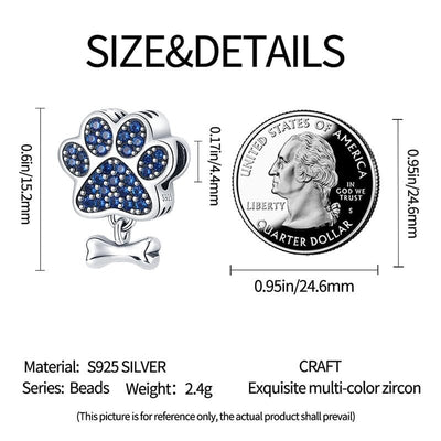 Paw Print Charm with Blue Cubic Zirconia and Bone Dangle - bellissi