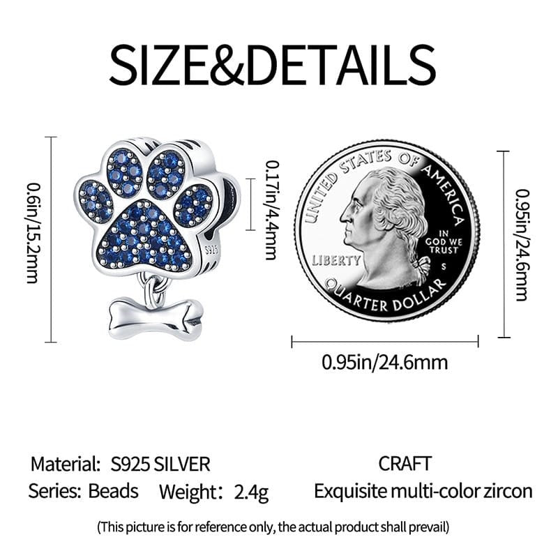 Paw Print Charm with Blue Cubic Zirconia and Bone Dangle - bellissi