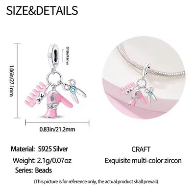 Pink Hairdryer, Comb & Scissors Dangle Charm - bellissi