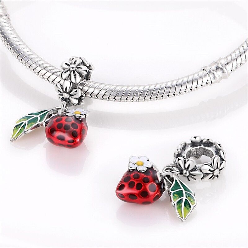 Red Strawberry With Flower Dangle Charm - bellissi